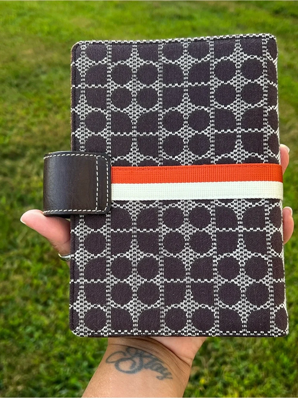 kate spade brown tablet folio with orange and cream stripe